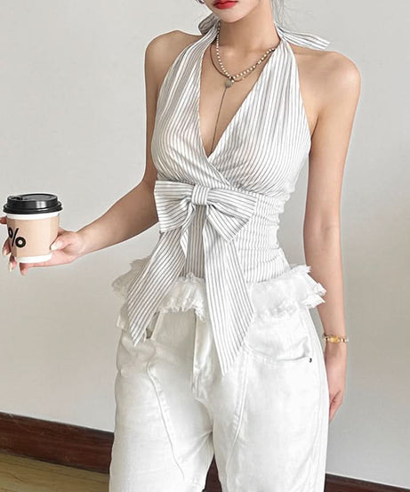 American Chic: Striped Halter Bow Top with Lace Trim – Effortless Fall Transition Style