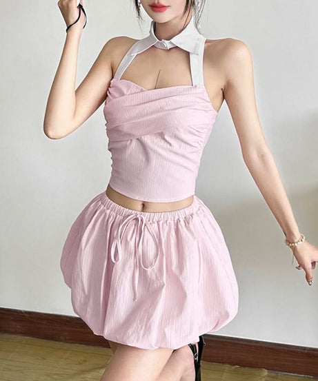 Effortless Pink Stripe Bubble Mini Skirt | Drawstring Comfort for Fall Getaways