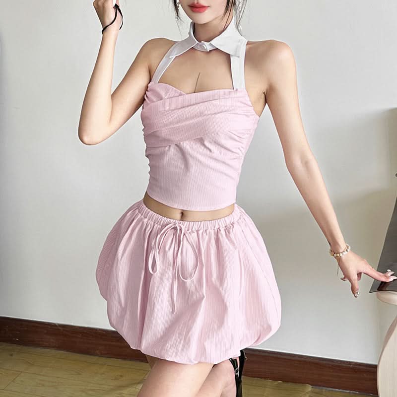 Effortless Pink Stripe Bubble Mini Skirt | Drawstring Comfort for Fall Getaways