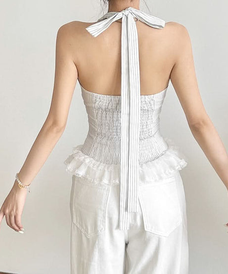 American Chic: Striped Halter Bow Top with Lace Trim – Effortless Fall Transition Style