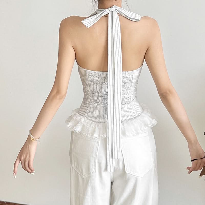 American Chic: Striped Halter Bow Top with Lace Trim – Effortless Fall Transition Style