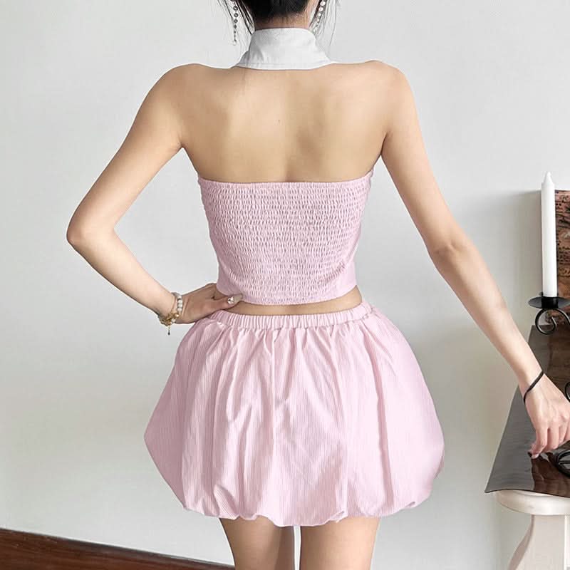 Effortless Pink Stripe Bubble Mini Skirt | Drawstring Comfort for Fall Getaways