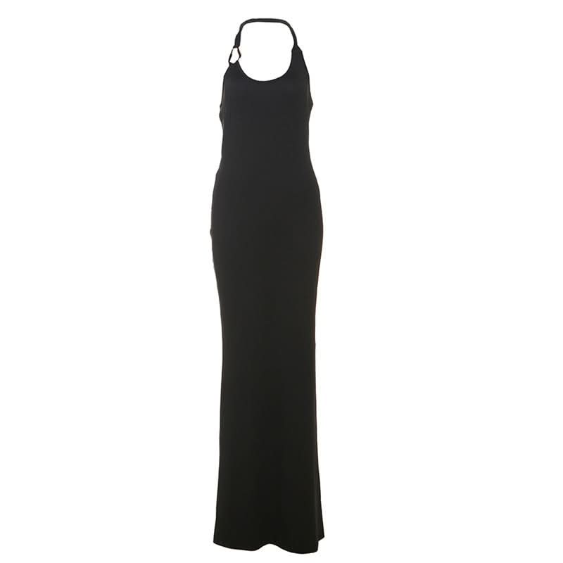 Sleek Black Halter Maxi Dress with Statement Ring Detail | Perfect for Fall & Holiday Glamour