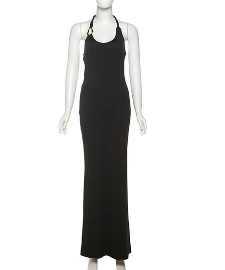 Sleek Black Halter Maxi Dress with Statement Ring Detail | Perfect for Fall & Holiday Glamour