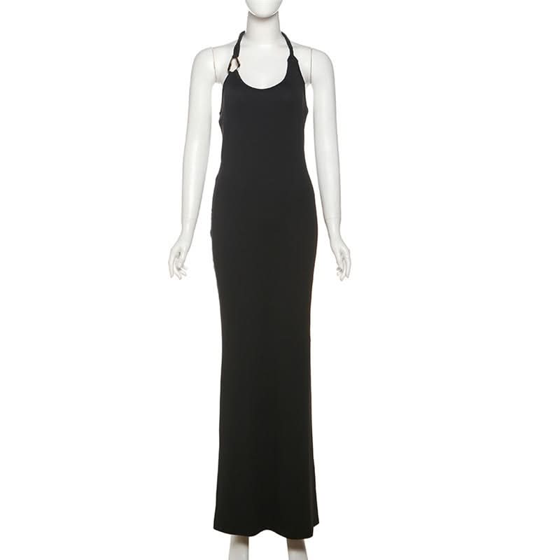 Sleek Black Halter Maxi Dress with Statement Ring Detail | Perfect for Fall & Holiday Glamour