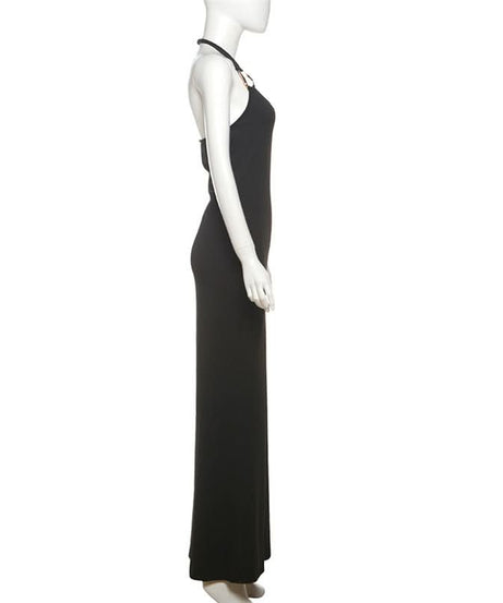 Sleek Black Halter Maxi Dress with Statement Ring Detail | Perfect for Fall & Holiday Glamour