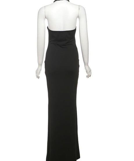 Sleek Black Halter Maxi Dress with Statement Ring Detail | Perfect for Fall & Holiday Glamour