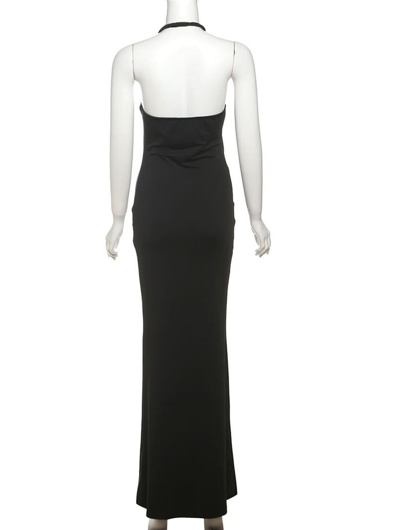 Sleek Black Halter Maxi Dress with Statement Ring Detail | Perfect for Fall & Holiday Glamour
