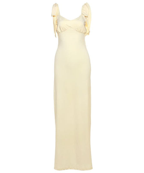Golden Hour Glow: Elegant V-Neck Tie-Shoulder Maxi Dress - Chic & Flattering for Fall Soirees & Resort Getaways