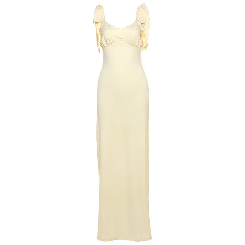 Golden Hour Glow: Elegant V-Neck Tie-Shoulder Maxi Dress - Chic & Flattering for Fall Soirees & Resort Getaways