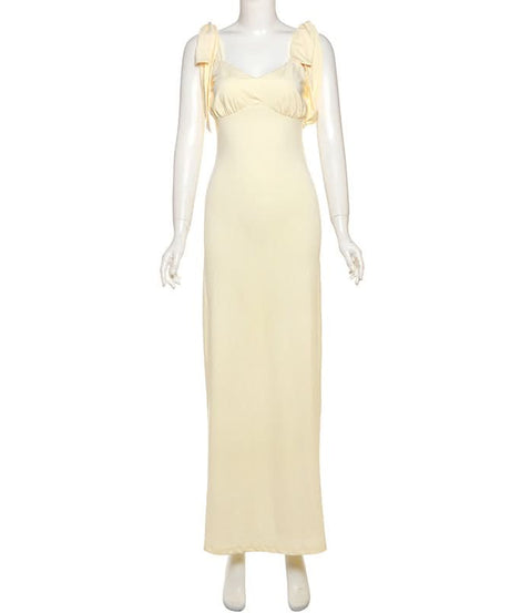 Golden Hour Glow: Elegant V-Neck Tie-Shoulder Maxi Dress - Chic & Flattering for Fall Soirees & Resort Getaways
