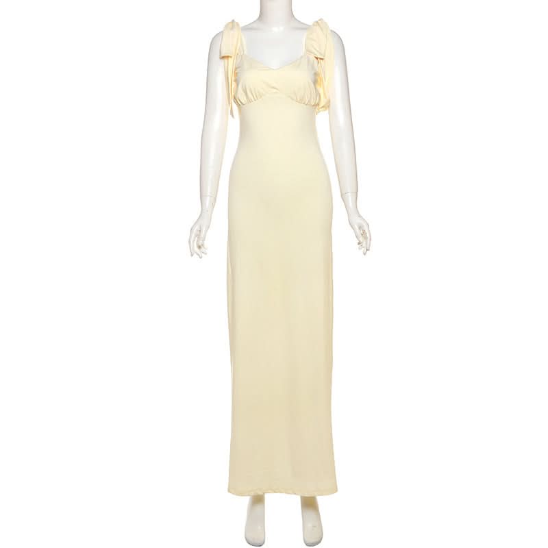 Golden Hour Glow: Elegant V-Neck Tie-Shoulder Maxi Dress - Chic & Flattering for Fall Soirees & Resort Getaways