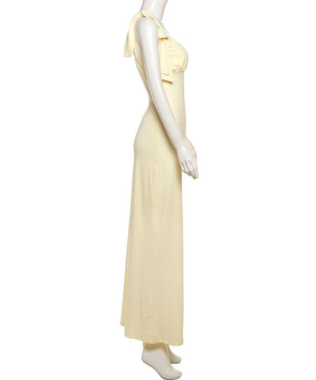 Golden Hour Glow: Elegant V-Neck Tie-Shoulder Maxi Dress - Chic & Flattering for Fall Soirees & Resort Getaways
