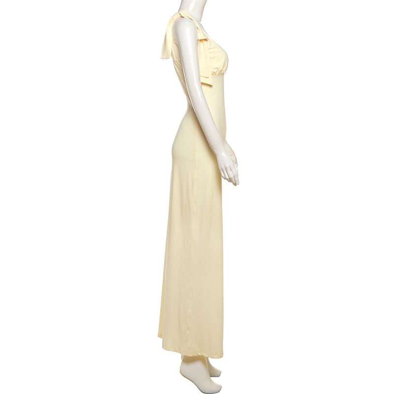 Golden Hour Glow: Elegant V-Neck Tie-Shoulder Maxi Dress - Chic & Flattering for Fall Soirees & Resort Getaways