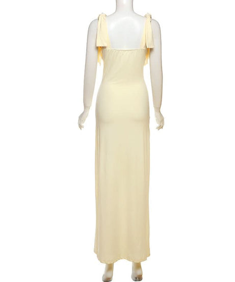 Golden Hour Glow: Elegant V-Neck Tie-Shoulder Maxi Dress - Chic & Flattering for Fall Soirees & Resort Getaways