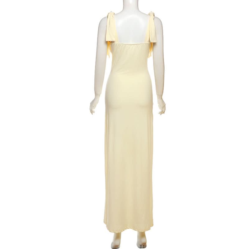 Golden Hour Glow: Elegant V-Neck Tie-Shoulder Maxi Dress - Chic & Flattering for Fall Soirees & Resort Getaways