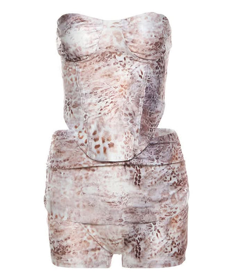 Wild Instincts: Luxe Abstract Animal Print Bustier & High-Waist Shorts Set - US Fall & Holiday Party Ready