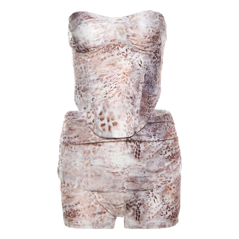Wild Instincts: Luxe Abstract Animal Print Bustier & High-Waist Shorts Set - US Fall & Holiday Party Ready