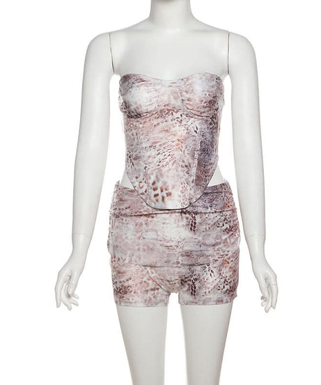 Wild Instincts: Luxe Abstract Animal Print Bustier & High-Waist Shorts Set - US Fall & Holiday Party Ready