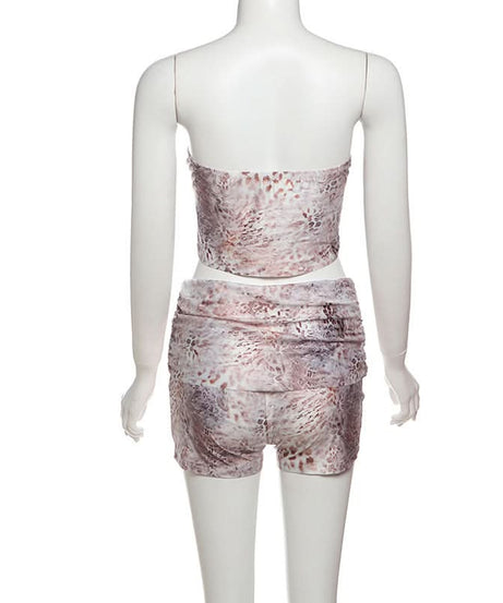 Wild Instincts: Luxe Abstract Animal Print Bustier & High-Waist Shorts Set - US Fall & Holiday Party Ready