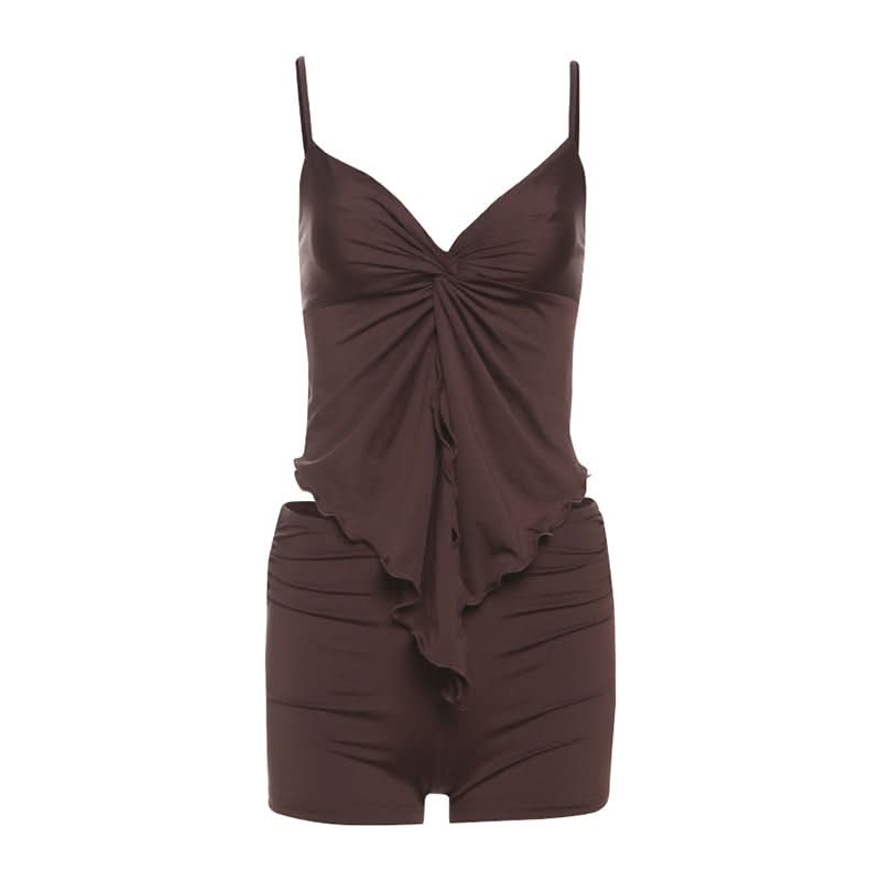 Cozy Chic Chocolate Brown Ruched Cami & Ruffle Shorts Lounge Set