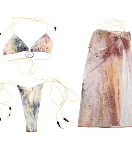 Escape the Chill: Trendy Abstract Halter Bikini & Sheer Lace-Up Sarong 3-Piece Set - Your Ultimate Resort & Cruise Ready Look