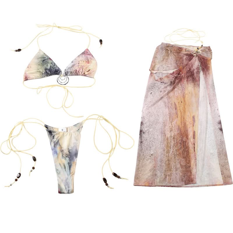 Escape the Chill: Trendy Abstract Halter Bikini & Sheer Lace-Up Sarong 3-Piece Set - Your Ultimate Resort & Cruise Ready Look
