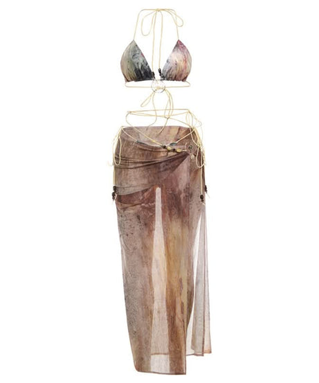 Escape the Chill: Trendy Abstract Halter Bikini & Sheer Lace-Up Sarong 3-Piece Set - Your Ultimate Resort & Cruise Ready Look