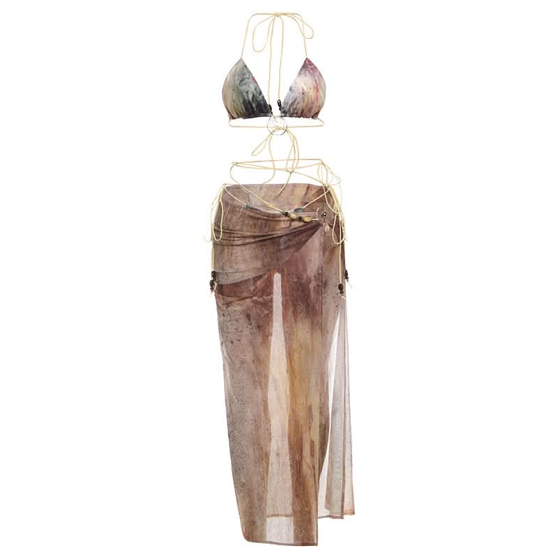 Escape the Chill: Trendy Abstract Halter Bikini & Sheer Lace-Up Sarong 3-Piece Set - Your Ultimate Resort & Cruise Ready Look