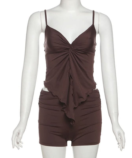 Cozy Chic Chocolate Brown Ruched Cami & Ruffle Shorts Lounge Set