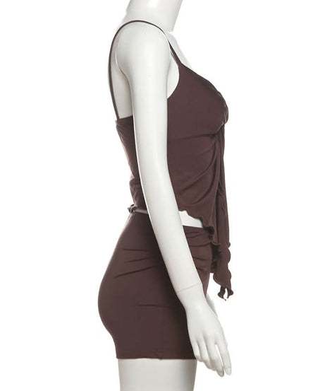 Cozy Chic Chocolate Brown Ruched Cami & Ruffle Shorts Lounge Set