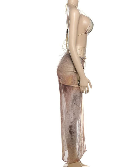 Escape the Chill: Trendy Abstract Halter Bikini & Sheer Lace-Up Sarong 3-Piece Set - Your Ultimate Resort & Cruise Ready Look