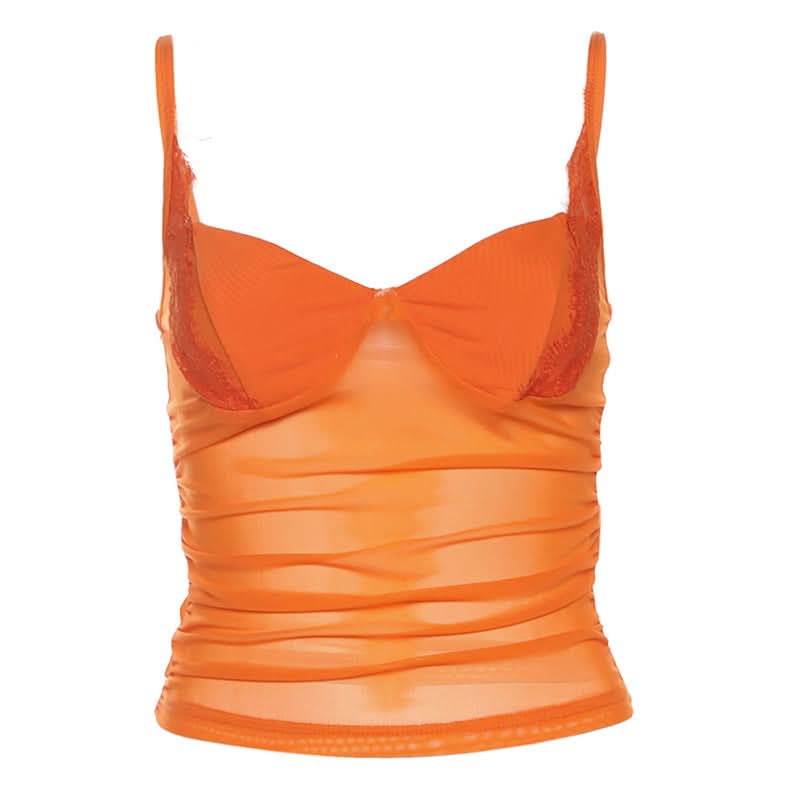 Spicy Sunset Mesh Bustier Cami - Lace Trim Going Out Top for Fall & Halloween
