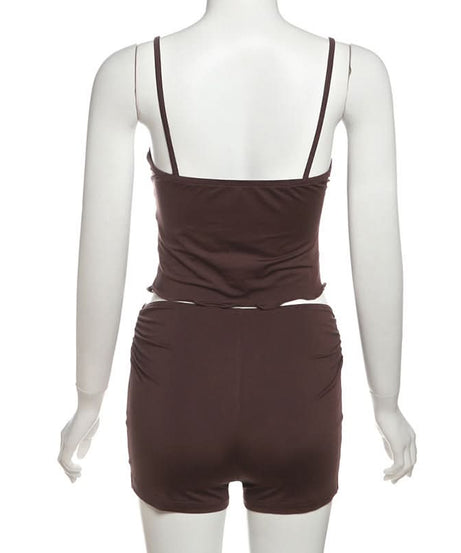 Cozy Chic Chocolate Brown Ruched Cami & Ruffle Shorts Lounge Set