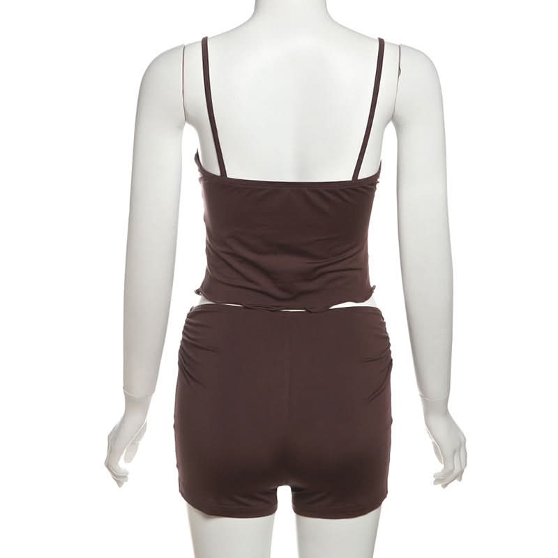 Cozy Chic Chocolate Brown Ruched Cami & Ruffle Shorts Lounge Set