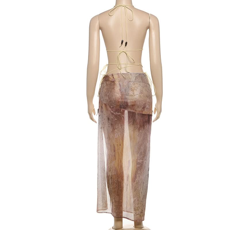 Escape the Chill: Trendy Abstract Halter Bikini & Sheer Lace-Up Sarong 3-Piece Set - Your Ultimate Resort & Cruise Ready Look