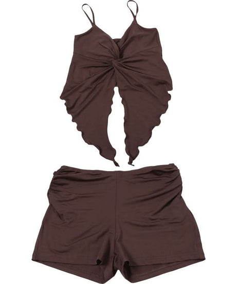 Cozy Chic Chocolate Brown Ruched Cami & Ruffle Shorts Lounge Set