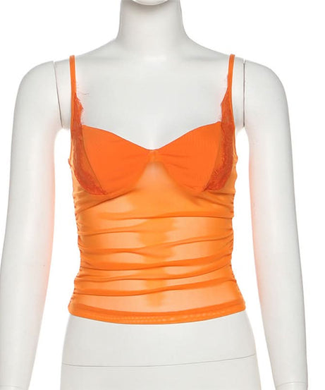 Spicy Sunset Mesh Bustier Cami - Lace Trim Going Out Top for Fall & Halloween
