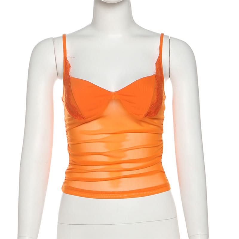 Spicy Sunset Mesh Bustier Cami - Lace Trim Going Out Top for Fall & Halloween