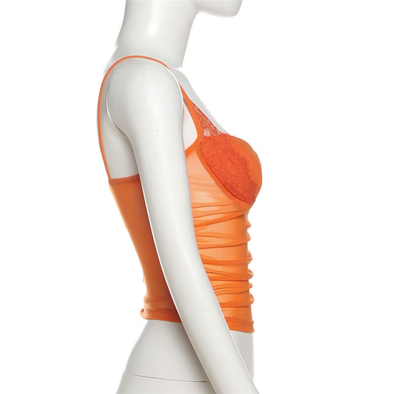 Spicy Sunset Mesh Bustier Cami - Lace Trim Going Out Top for Fall & Halloween