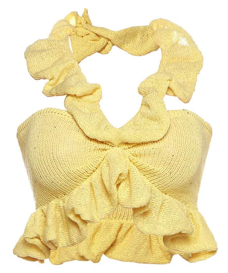 Trendy Sunshine Yellow Ruffle Knit Halter Crop Top | Effortless Fall Style & Resort Ready