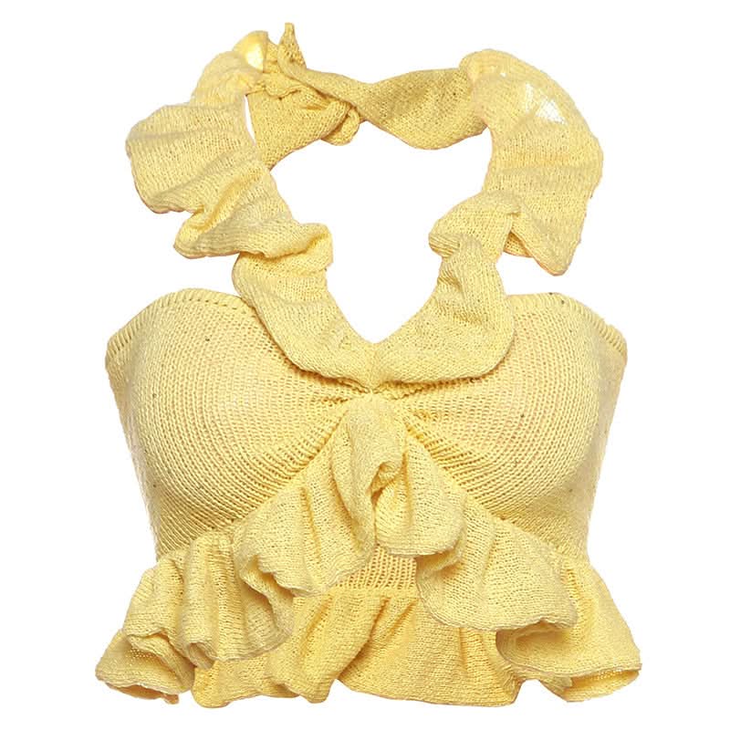 Trendy Sunshine Yellow Ruffle Knit Halter Crop Top | Effortless Fall Style & Resort Ready
