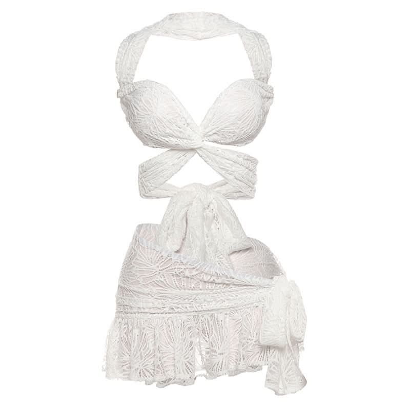 Stunning White Lace Criss-Cross Crop Top & Ruffled Mini Skirt Set - Your Ultimate Resort & Holiday Escape Look