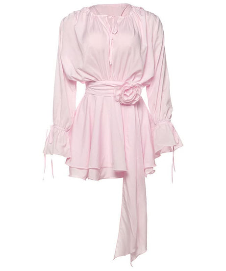 Romantic Pink Rose Mini Dress: Flared Sleeves & Ruched Charm for Fall Parties