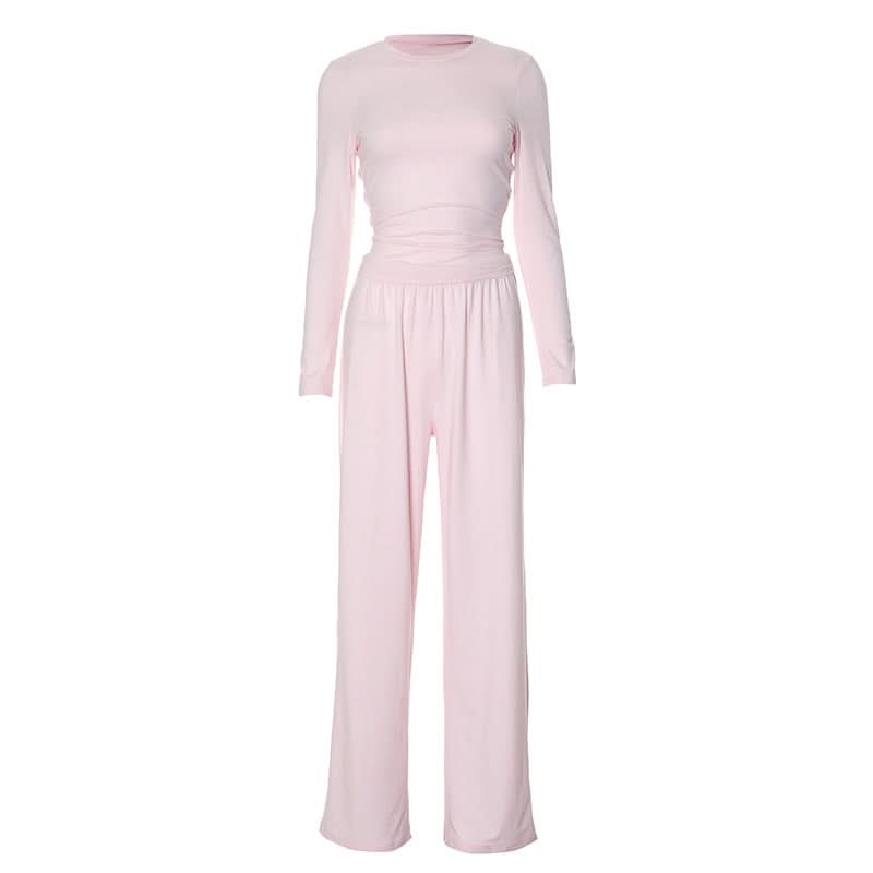 Cozy Fall Comfort: Blush Pink Long Sleeve Top & Wide Leg Pant Lounge Set for Women