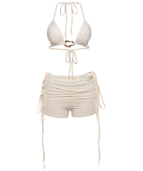 Chic Halter Tie-Side Ruched Shorts Set - Your Go-To for Fall Vacations & Winter Getaways