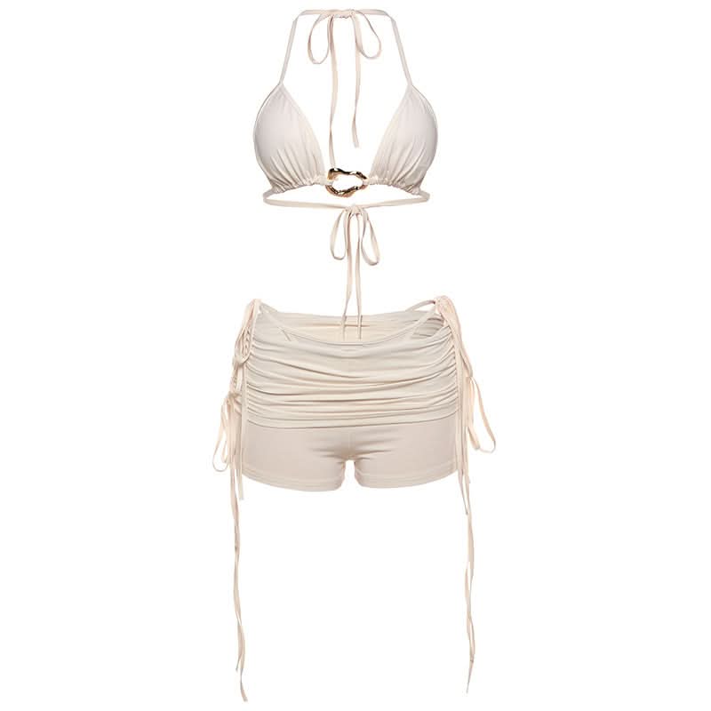 Chic Halter Tie-Side Ruched Shorts Set - Your Go-To for Fall Vacations & Winter Getaways