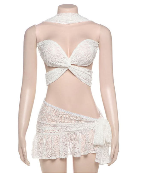Stunning White Lace Criss-Cross Crop Top & Ruffled Mini Skirt Set - Your Ultimate Resort & Holiday Escape Look