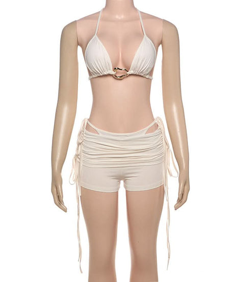 Chic Halter Tie-Side Ruched Shorts Set - Your Go-To for Fall Vacations & Winter Getaways