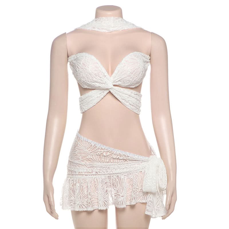 Stunning White Lace Criss-Cross Crop Top & Ruffled Mini Skirt Set - Your Ultimate Resort & Holiday Escape Look